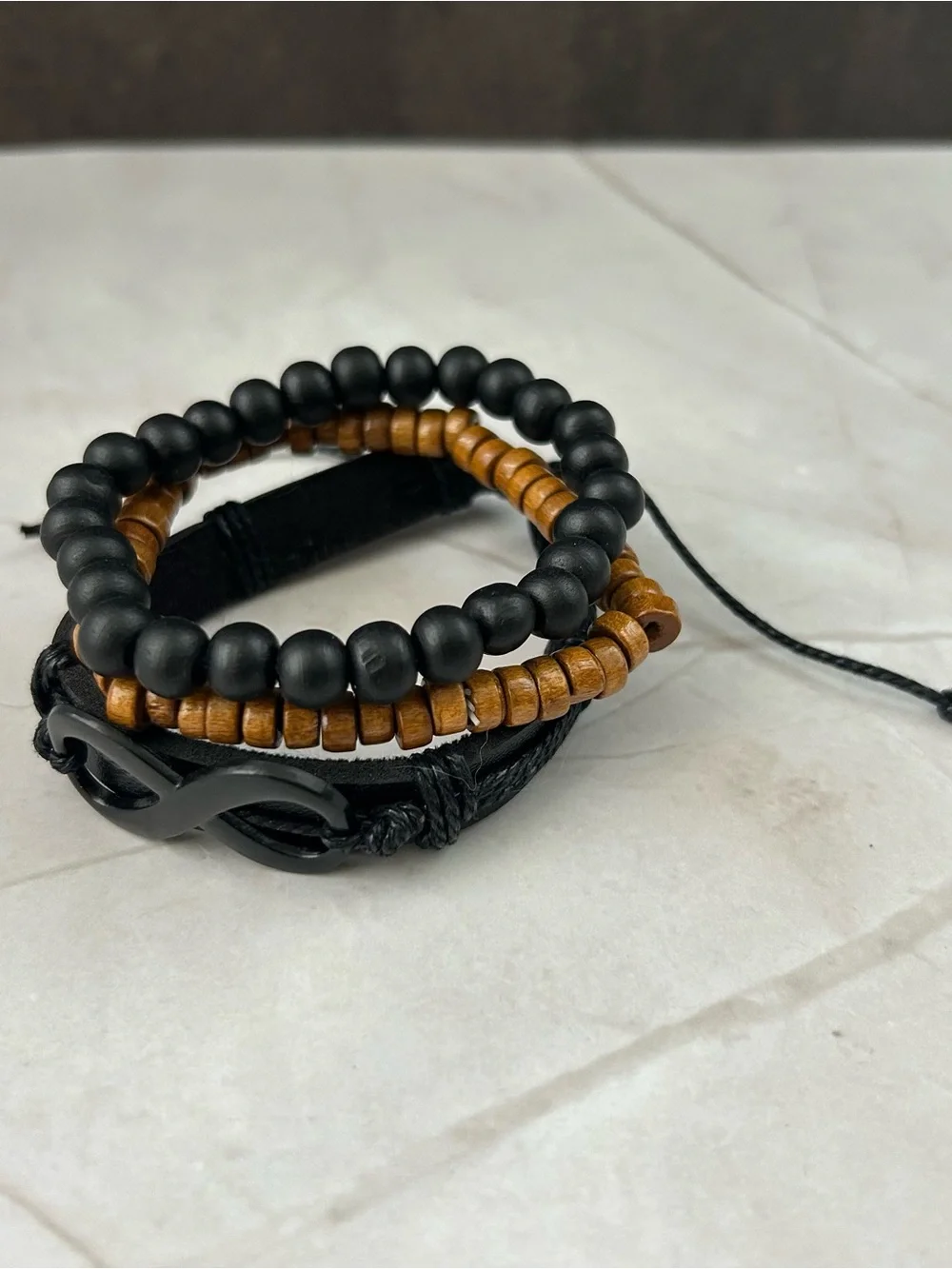 Men's Black and Brown Infinity Bead Bracelet Set